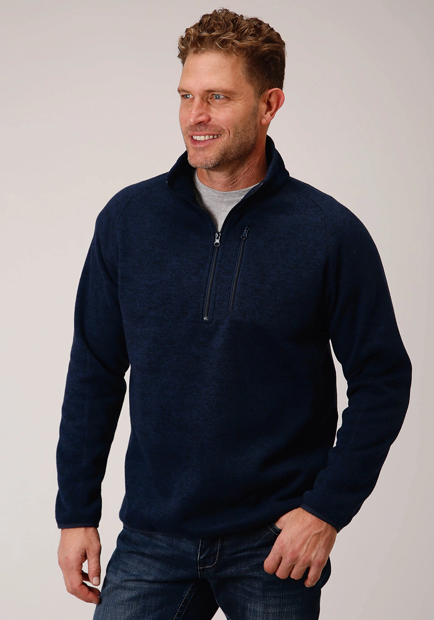 Yoke Design Stetson Mens Navy Polyester 1/4 Zip Pullover Sweater