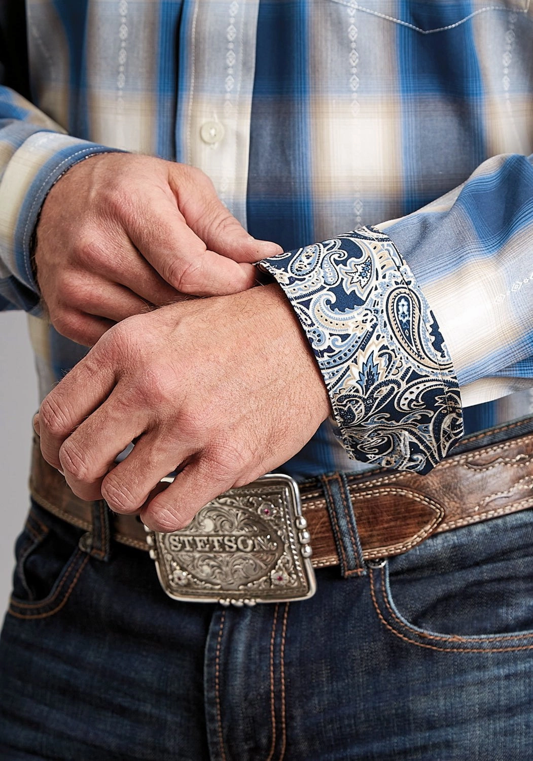 Non Irritating Tags Two Tone Stitching Stetson Mens Ombre Dobby Blue 100% Cotton L/S Shirt