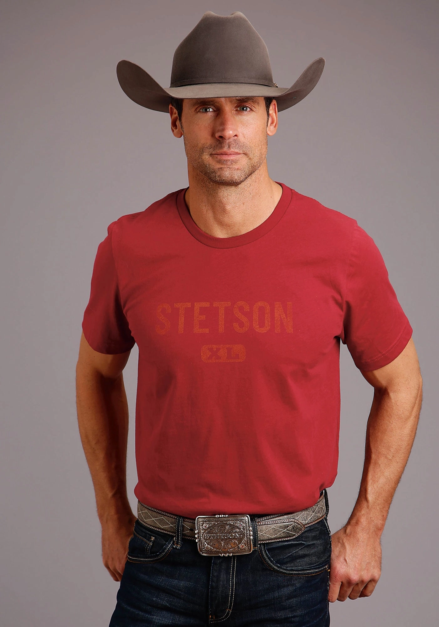 Stetson Mens Red 100% Cotton Xl Logo S/S T-Shirt Versatile Styling