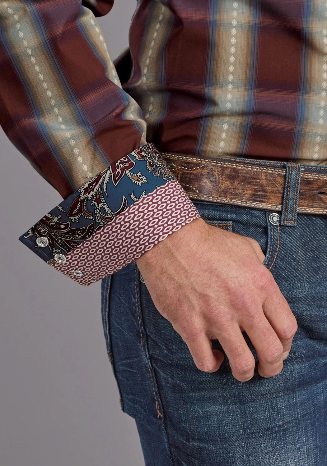 Stetson Mens Red Rock Dobby Plaid Wine 100% Cotton L/S Shirt Pure Cotton