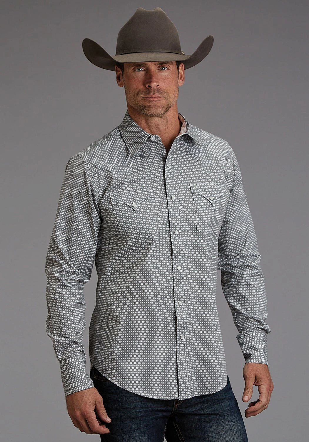 Sporty Look Stetson Mens Reflection Geo Grey 100% Cotton L/S Shirt