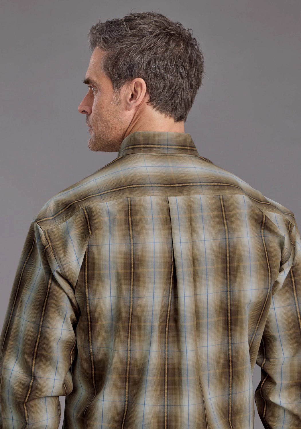 Shimmer Effect Stetson Mens Sand Dobby Plaid Brown 100% Cotton 1 Pkt L/S Shirt