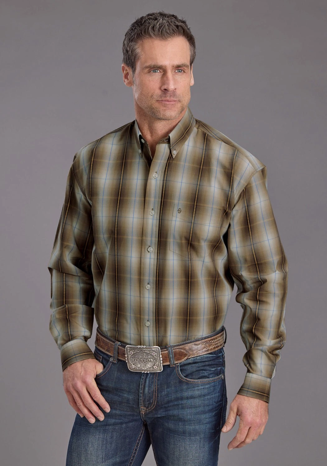 Summer Camp Stetson Mens Sand Dobby Plaid Brown 100% Cotton 1 Pkt L/S Shirt