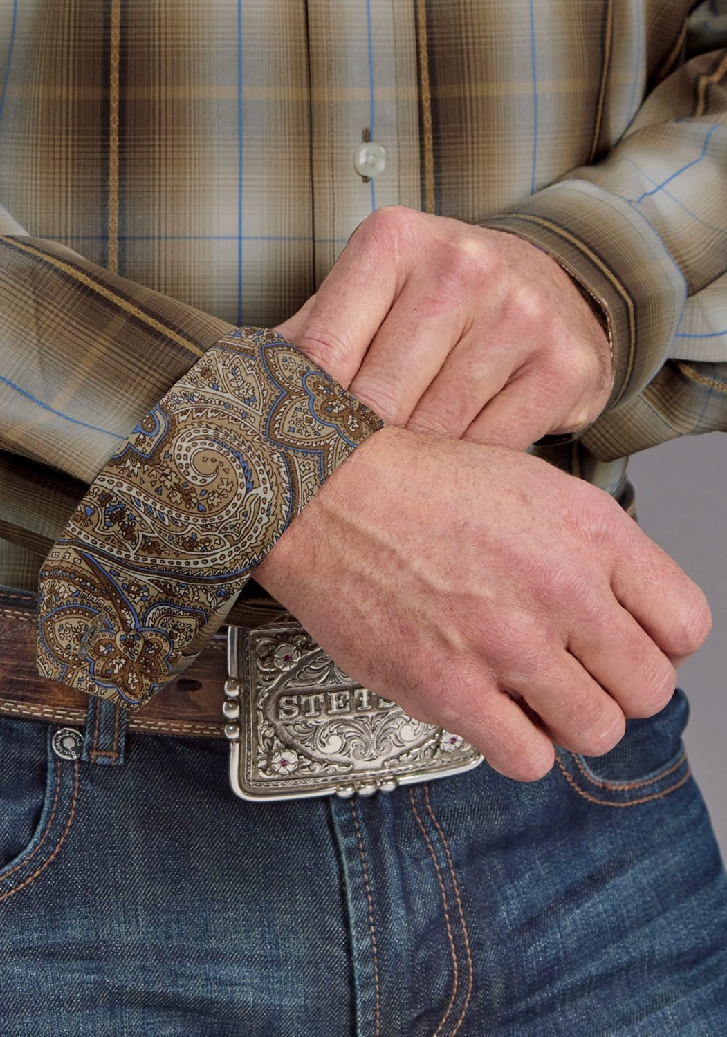 Stetson Mens Sand Dobby Plaid Brown 100% Cotton 1 Pkt L/S Shirt Tuckable Hem