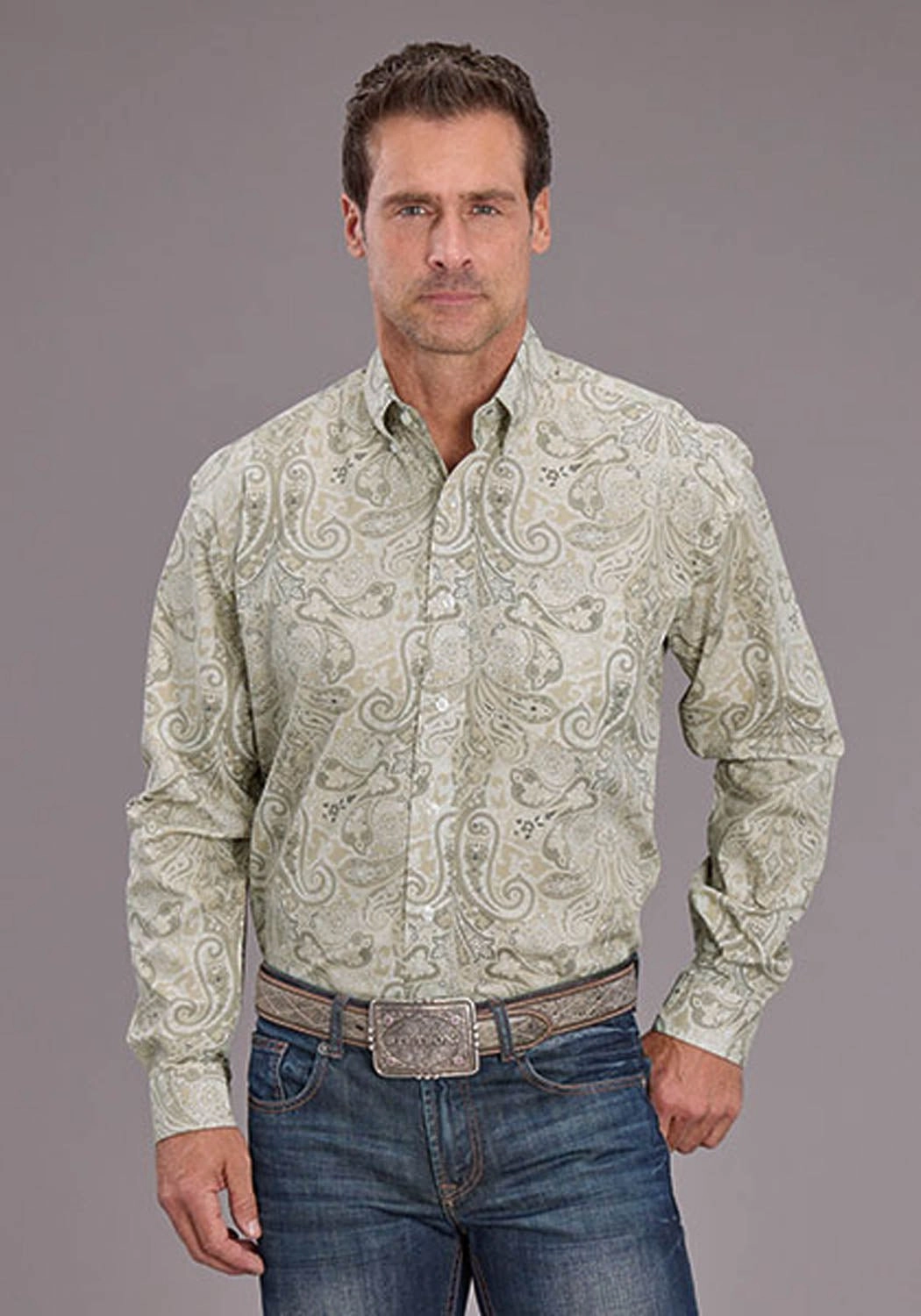 Stretchable Cloth Day-To-Night Wear Stetson Mens Sand Dollar Paisley Tan 100% Cotton Btn L/S Shirt