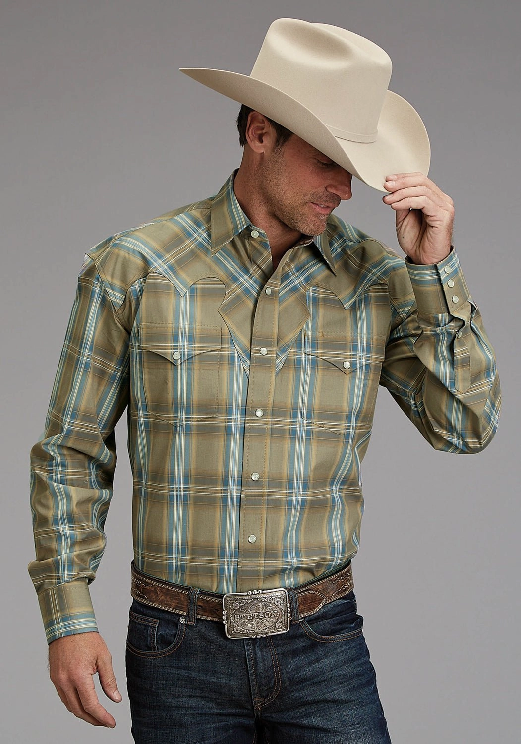 birthday celebration Tropical theme Stetson Mens Sand Ridge Plaid Brown 100% Cotton L/S Shirt