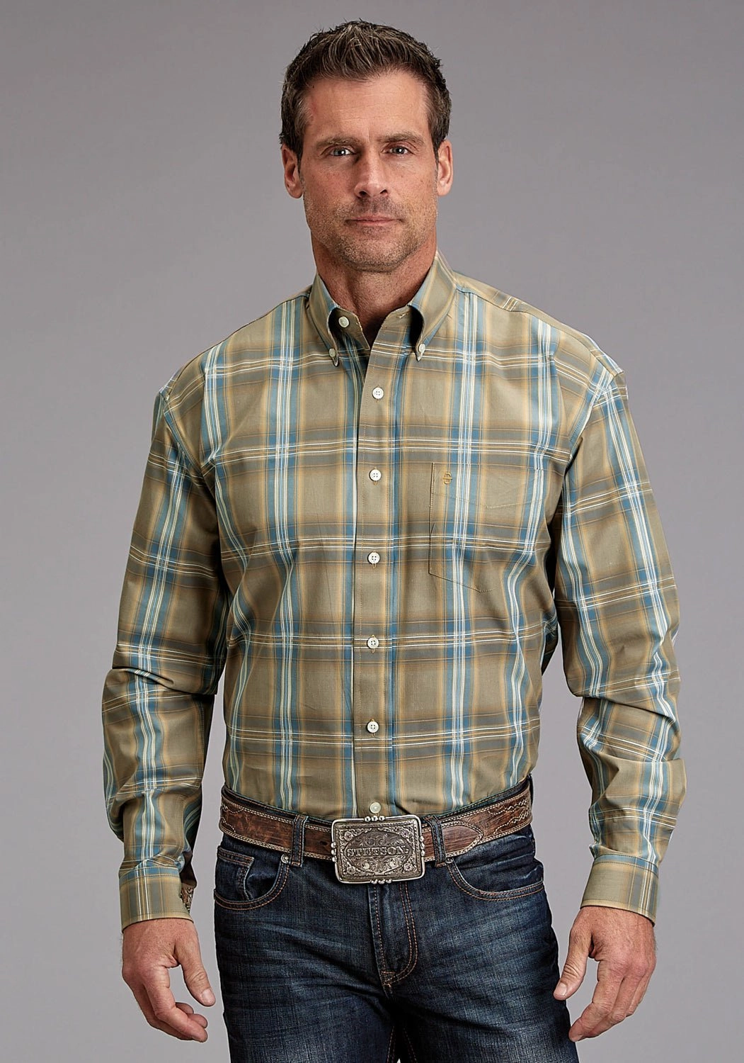 Polo Style Stetson Mens Sand Ridge Plaid Brown 100% Cotton L/S Shirt