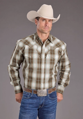 Stetson Mens Sandy Ombre Plaid Brown 100% Cotton L/S Shirt Cooling Mesh Lining Relaxed Comfort