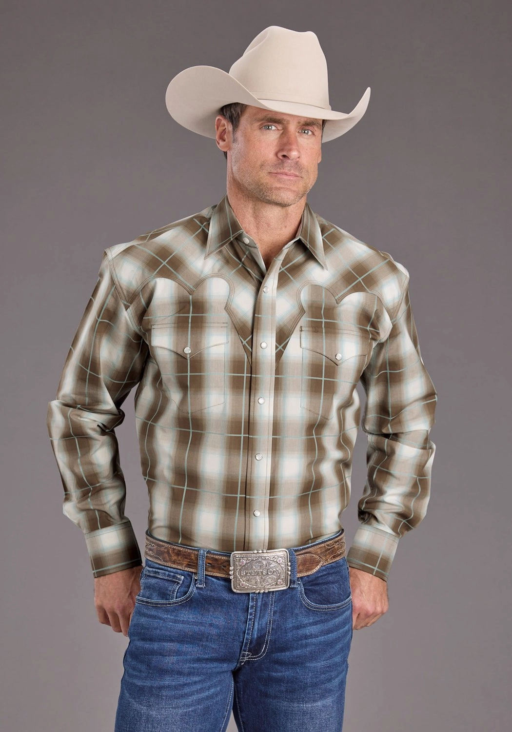 Stetson Mens Sandy Ombre Plaid Brown 100% Cotton L/S Shirt Cooling Mesh Lining Relaxed Comfort