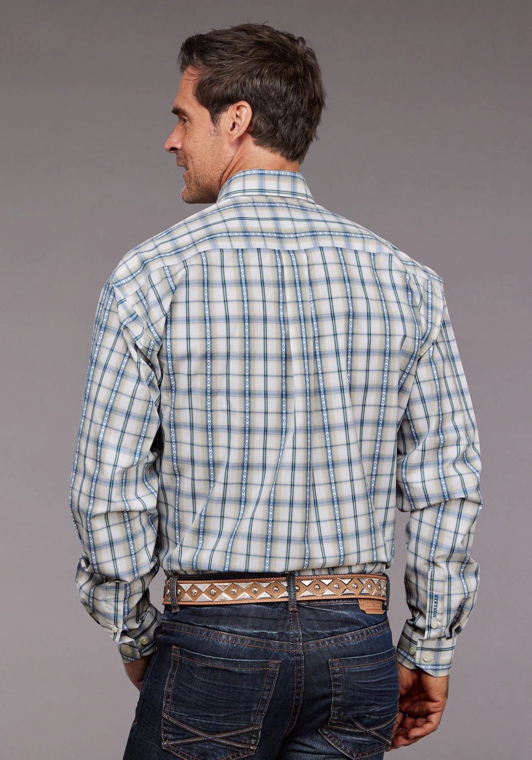 Eco Dye Technique Subtle pattern Stetson Mens Shadow Dobby Plaid Blue 100% Cotton 1 Pkt L/S Shirt