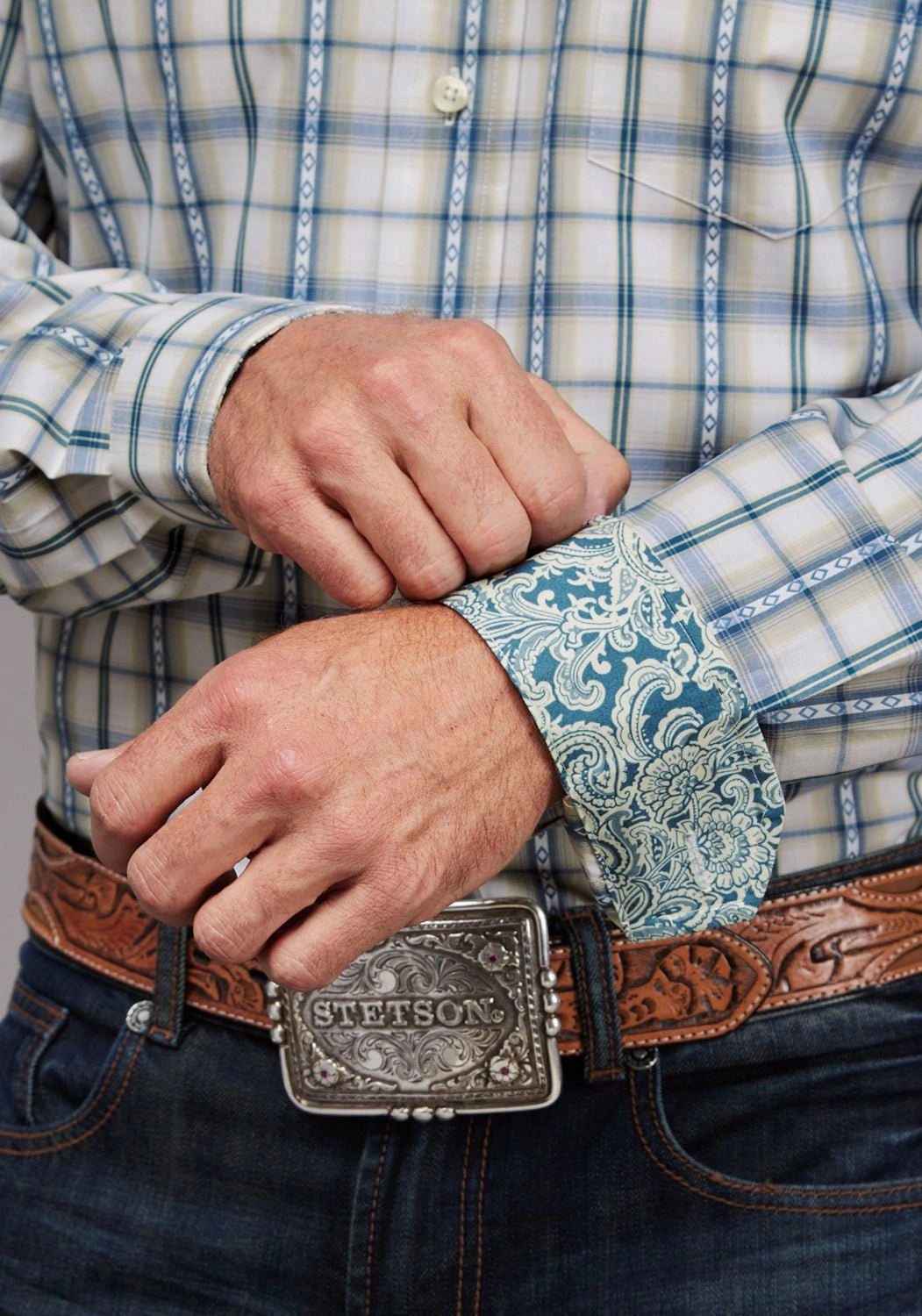 Stetson Mens Shadow Dobby Plaid Blue 100% Cotton 1 Pkt L/S Shirt Tagless Labeling