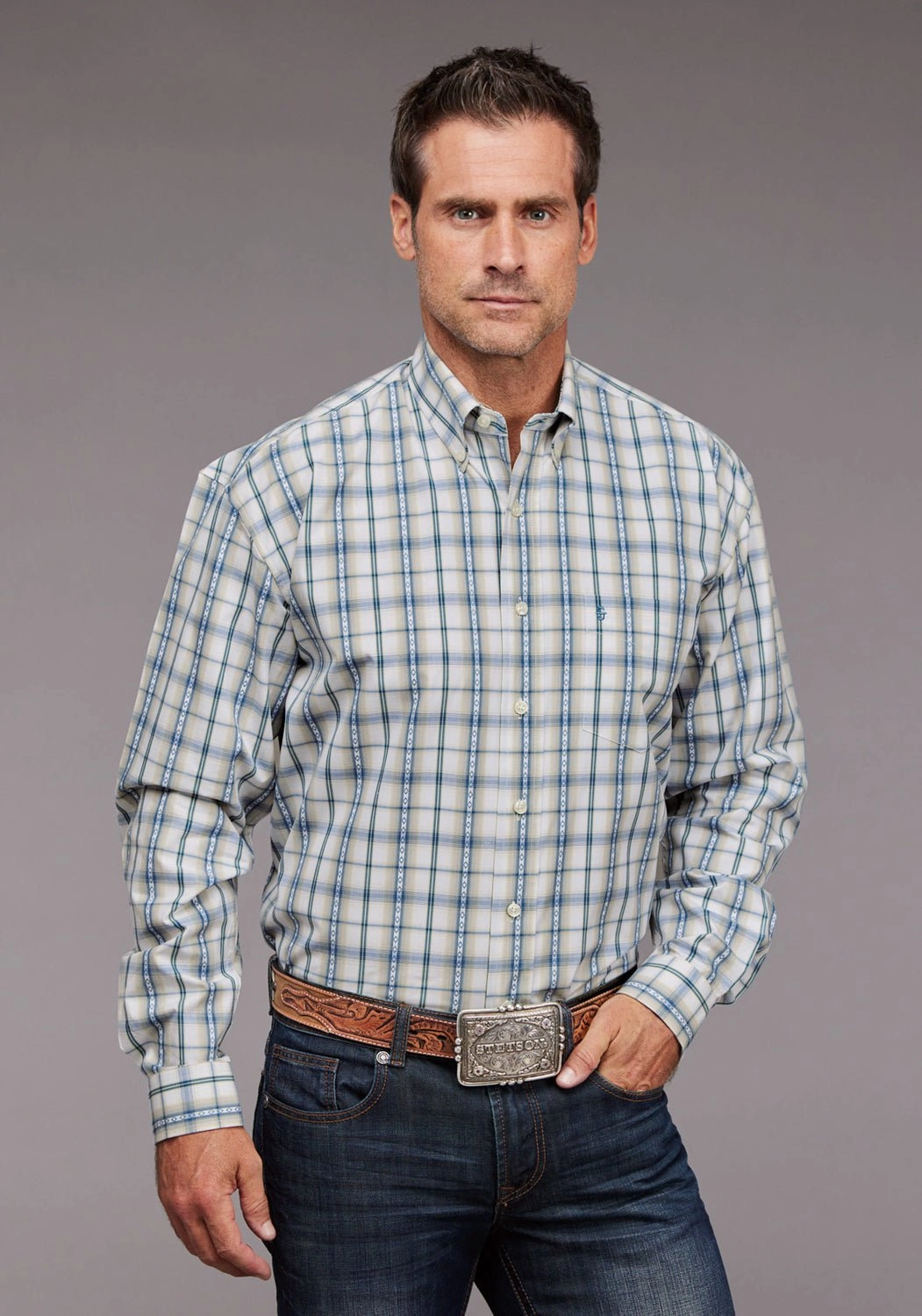 Stetson Mens Shadow Dobby Plaid Blue 100% Cotton 1 Pkt L/S Shirt Smooth Texture Rugged Style