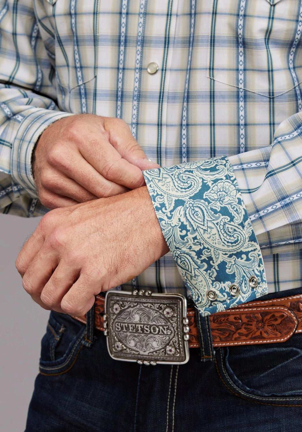 Spring Collection Sustainable production Stetson Mens Shadow Dobby Plaid Blue 100% Cotton L/S Shirt