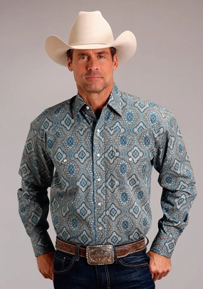 Date night Stetson Mens Sierra Paisley Blue 100% Cotton L/S Shirt