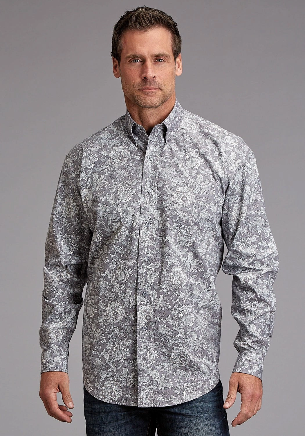 Floral Motif Stetson Mens Silver Spring Paisley Grey 100% Cotton 1 Pkt L/S Shirt