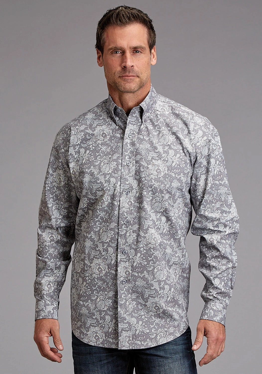 Wrinkle-Resistant Winter Comfort Stetson Mens Silver Spring Paisley Grey 100% Cotton 1 Pkt L/S Shirt