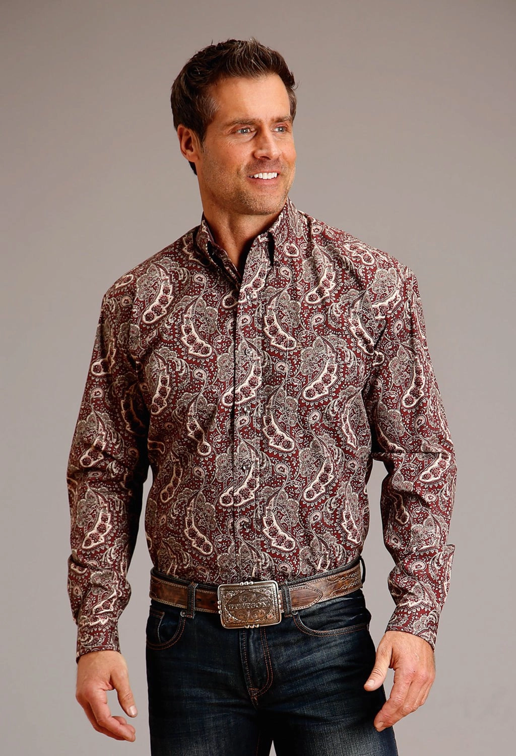 Stetson Mens Siren Paisley Wine 100% Cotton L/S Shirt Layered Collar Unique Design