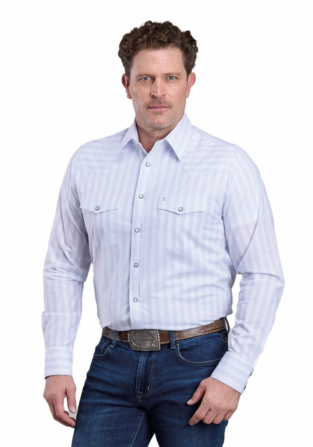 Effortless Comfort Stetson Mens Stripe Western Oxford White 100% Cotton L/S Shirt