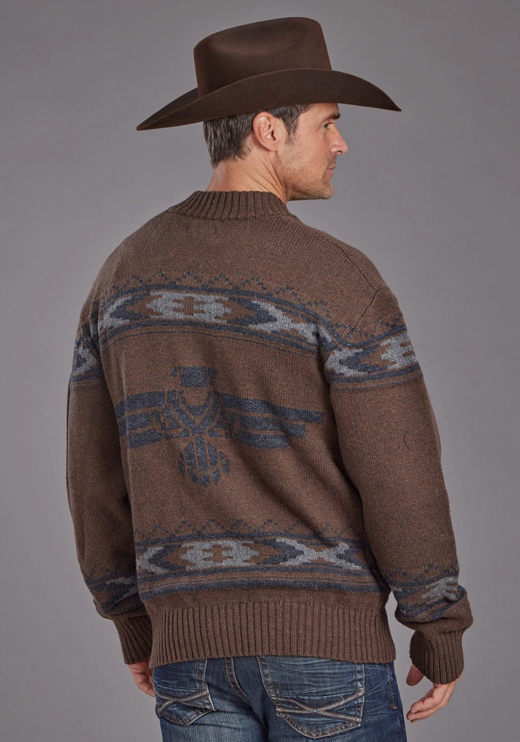 Stetson Mens Thunderbird Border Brown Cotton Blend Cardigan Sweater Flexible Movement City Exploration