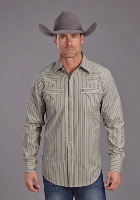 Stetson Mens Ticking Dobby Stripe Brown 100% Cotton L/S Shirt Customizable Option Polished Placket