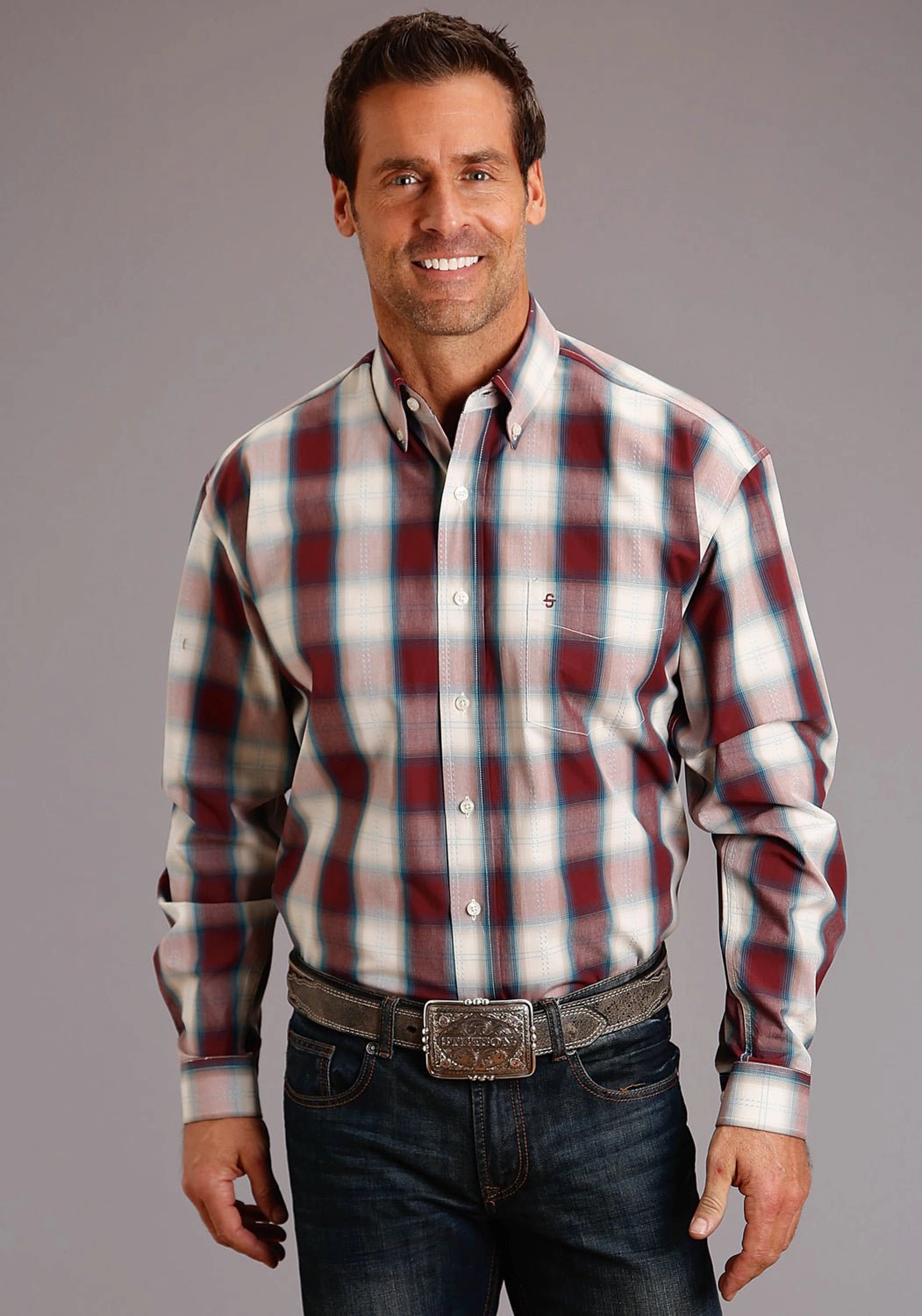 Versatile Styling Unmatched comfort Stetson Mens Wine 100% Cotton Plaid BD L/S 1 Pocket Shirt