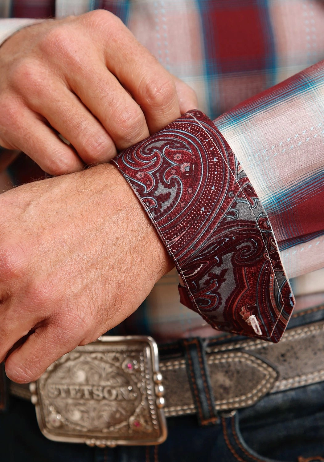 Limited Edition Winter Layering Stetson Mens Wine 100% Cotton Plaid BD L/S 1 Pocket Shirt