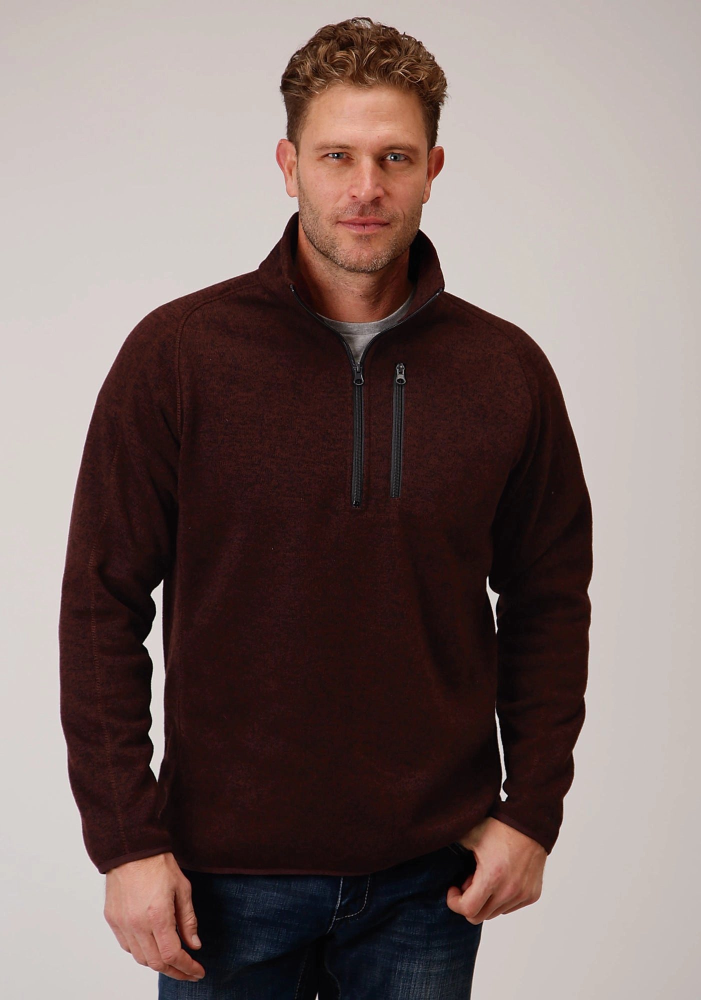Polished Placket Functional Pocket Stetson Mens Wine Polyester 1/4 Zip Pullover Sweater