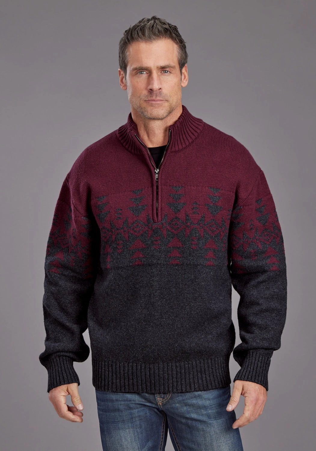 Stetson Mens Woven Aztec Red/Gray Cotton Blend 1/4 Zip Sweater Fitted Shape