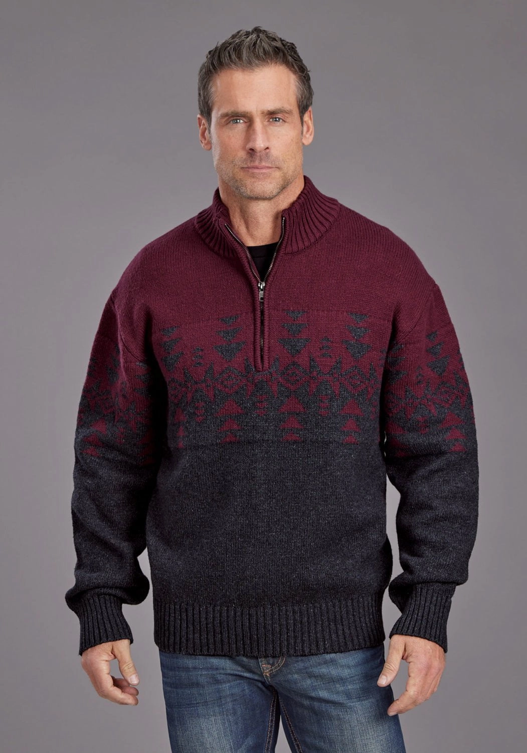 slim cut Stetson Mens Woven Aztec Red/Gray Cotton Blend 1/4 Zip Sweater