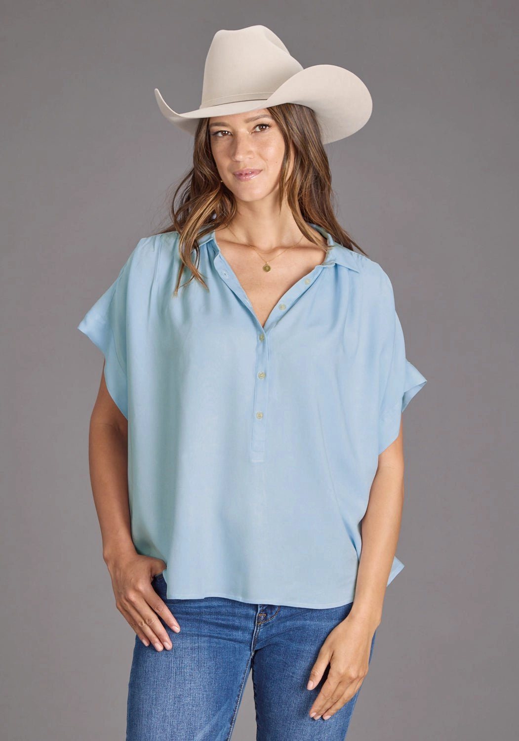 Designer Look Stetson Womens 2437 1/2 Button Placket Powder Blue 100% Rayon S/S Blouse