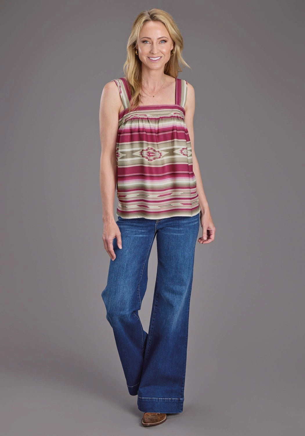 Eye-Catching Pattern Stetson Womens 2439 Vintage Tapestry Red/Tan 100% Rayon S/L Tank Top