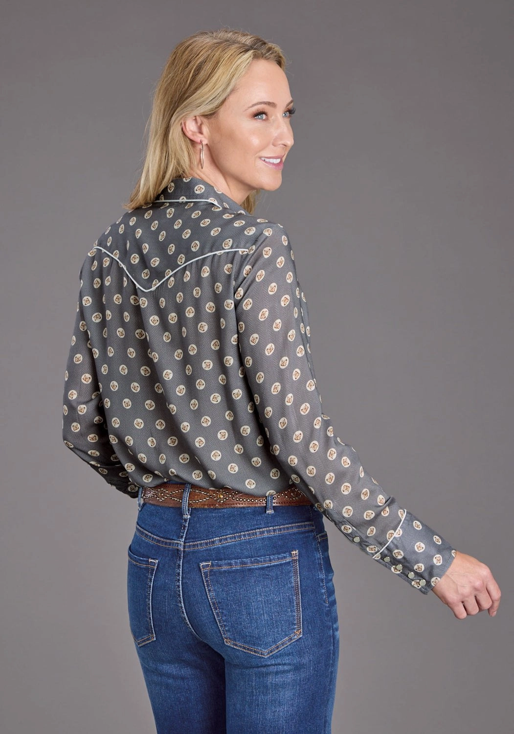 UV Protective Fabric Stetson Womens 2440 Horse Pennies Grey 100% Rayon L/S Blouse