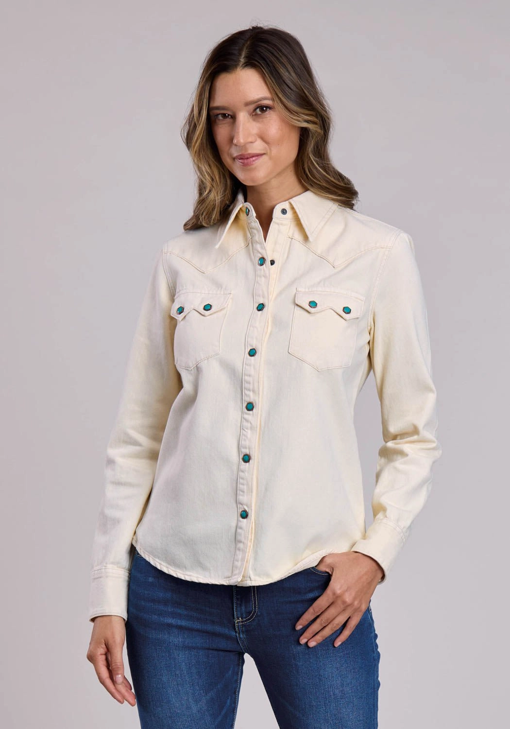 Morning Comfort Stetson Womens 3 Point Back Yoke Cream 100% Cotton L/S Shirt
