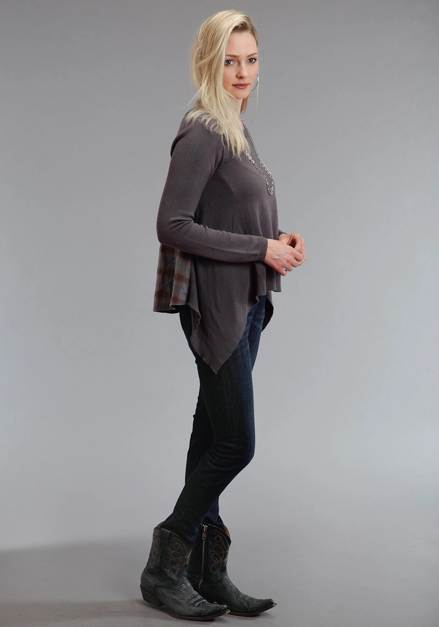 Flexible Shoulder Construction Stetson Womens 758 Plaid Peasant Grey/Brown Cotton Blend L/S Tunic