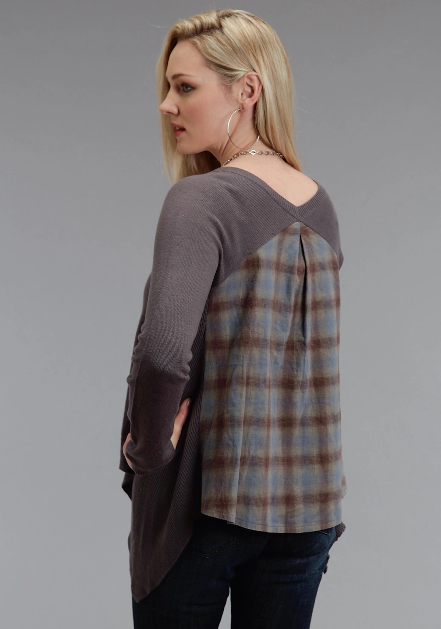 Non Restrictive Armhole Stetson Womens 758 Plaid Peasant Grey/Brown Cotton Blend L/S Tunic