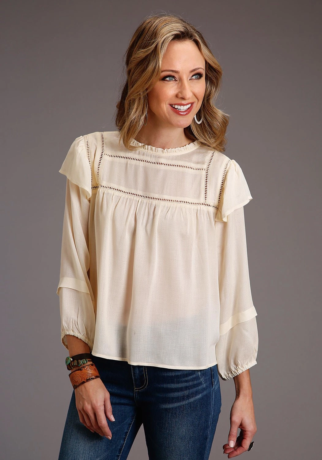 Workwear Ready Stetson Womens 886 Herringbone Cream 100% Rayon L/S Tunic