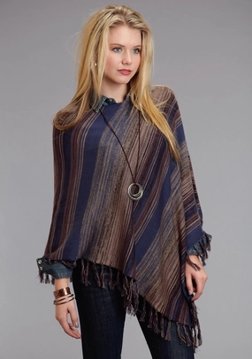 Stetson Womens Asymmetrical Scoop Neck Blue Cotton Blend Poncho Winter Fashion Must-Have