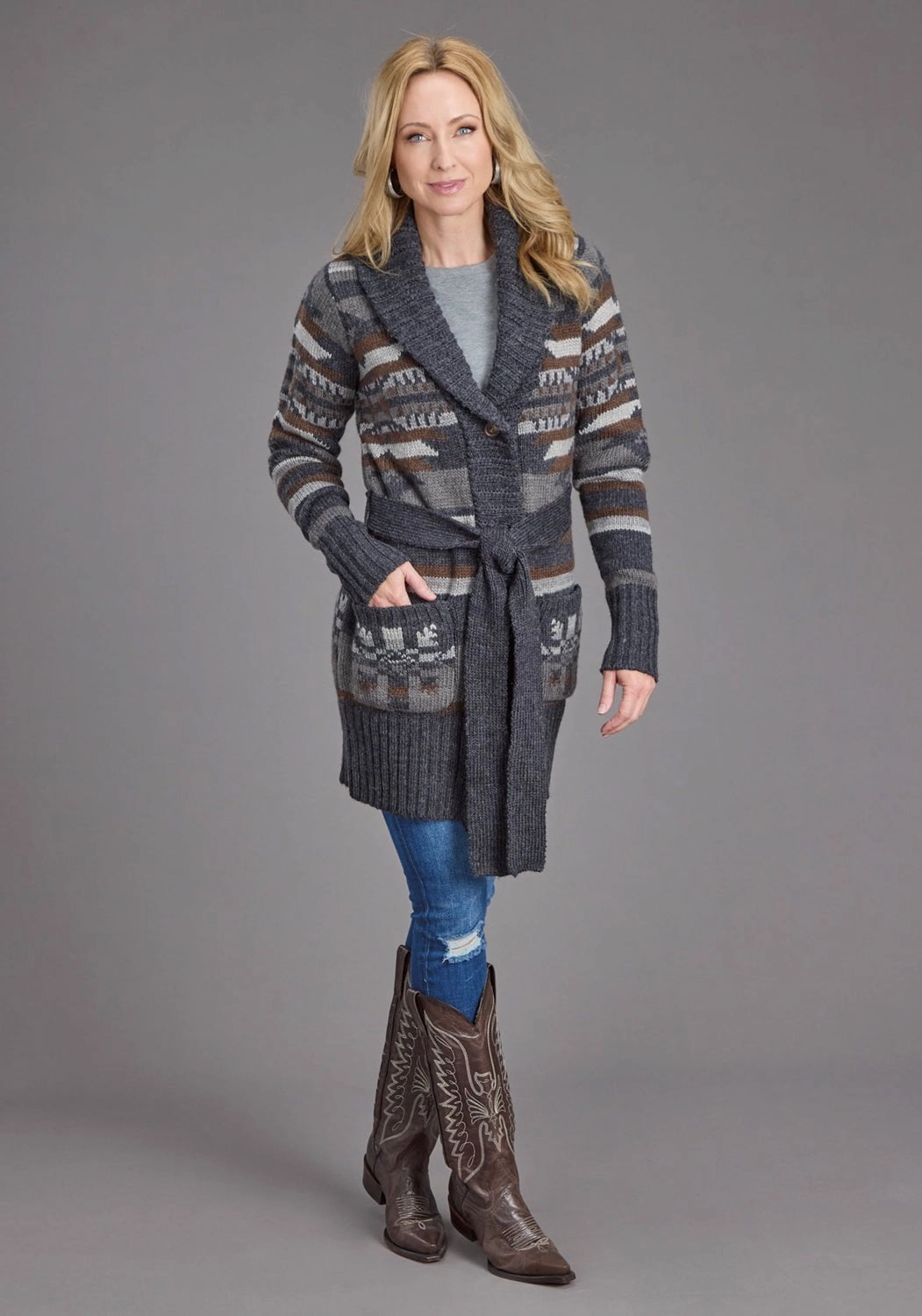 Stetson Womens Aztec Self Tie Grey/Indigo Wool Blend Cardigan Sweater Layering Fashion Adaptive Fit Silhouette