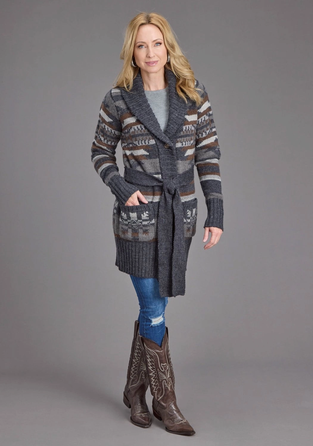 Stetson Womens Aztec Self Tie Grey/Indigo Wool Blend Cardigan Sweater Chilly Weather Flex Knit Ribbing