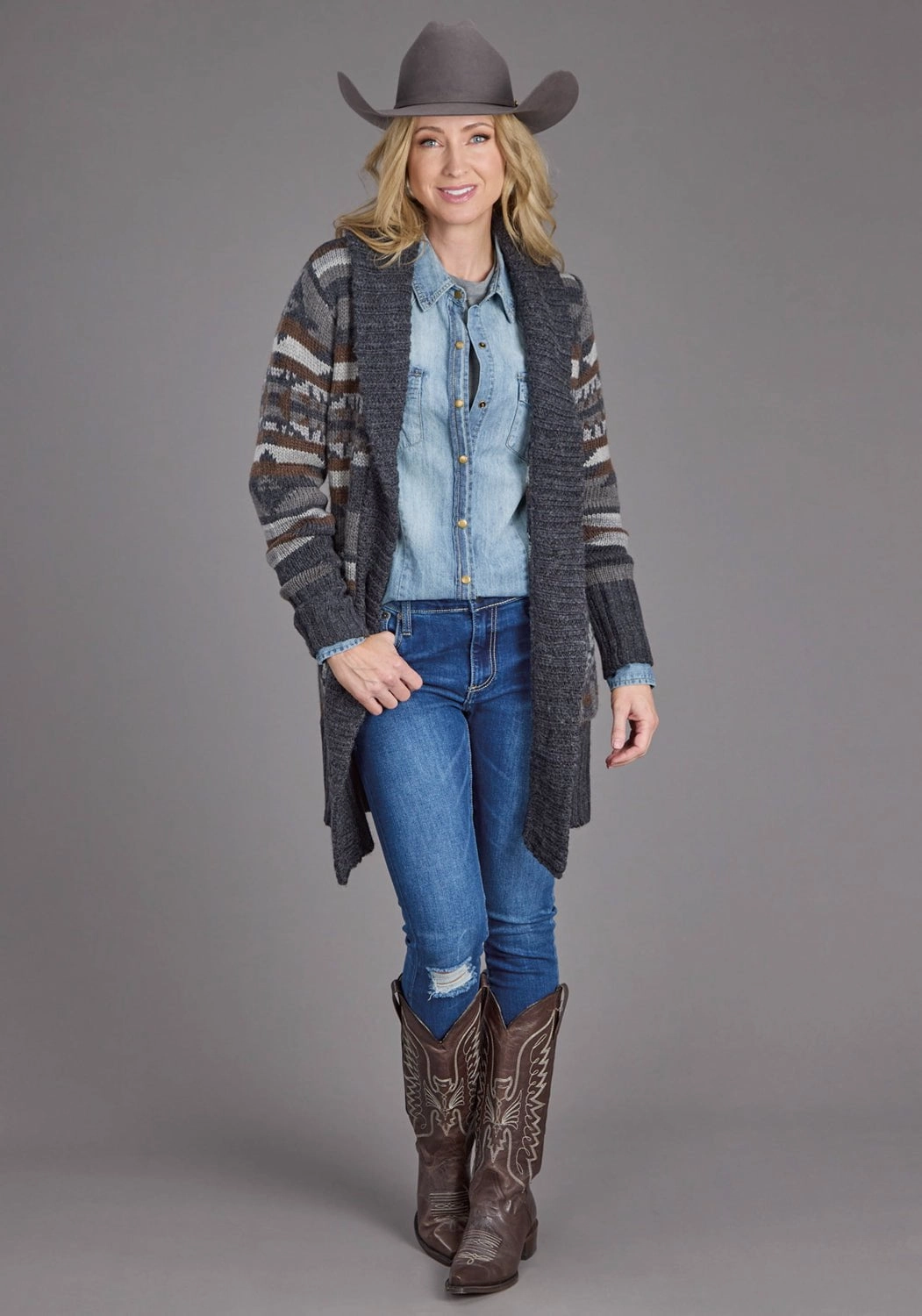 Stetson Womens Aztec Self Tie Grey/Indigo Wool Blend Cardigan Sweater Snuggly Feel Chilly Look