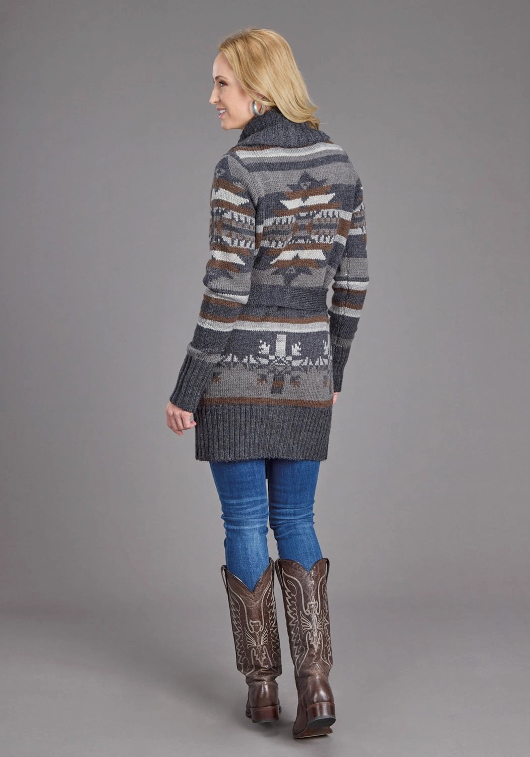 Versatile Comfort Stetson Womens Aztec Self Tie Grey/Indigo Wool Blend Cardigan Sweater