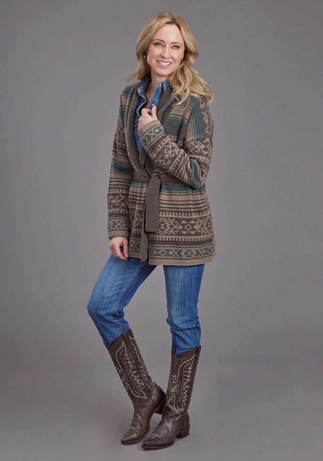 Stetson Womens Belted Serape Brown Wool Blend Cardigan Sweater Warm Fashion Flatlock stitching