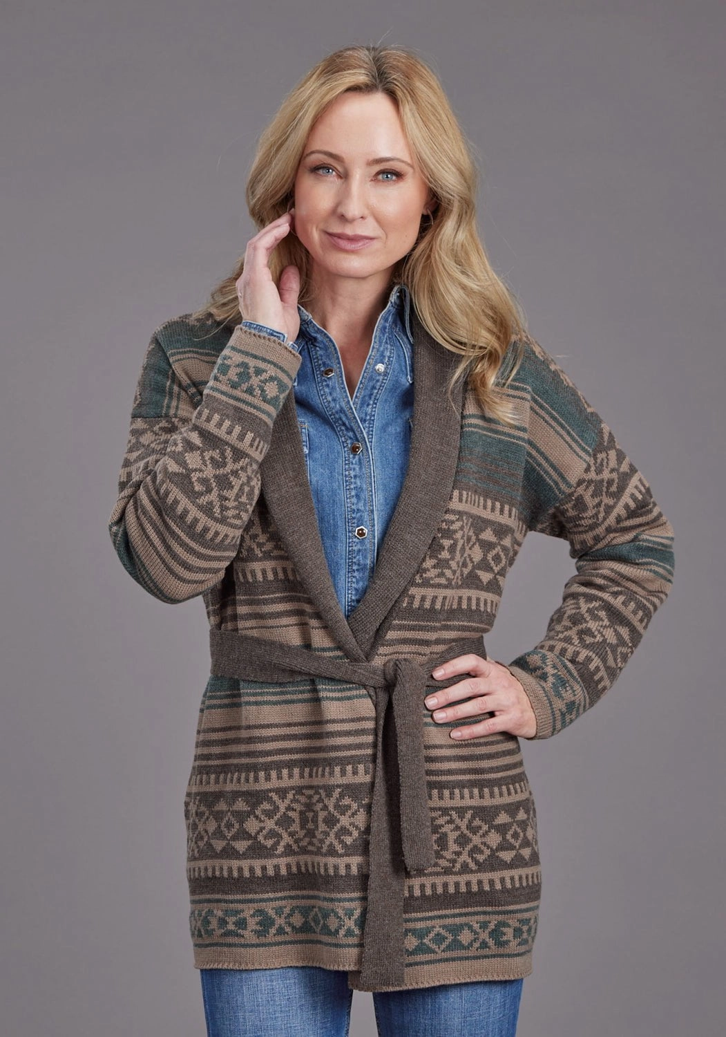 Chilly Layer Stetson Womens Belted Serape Brown Wool Blend Cardigan Sweater