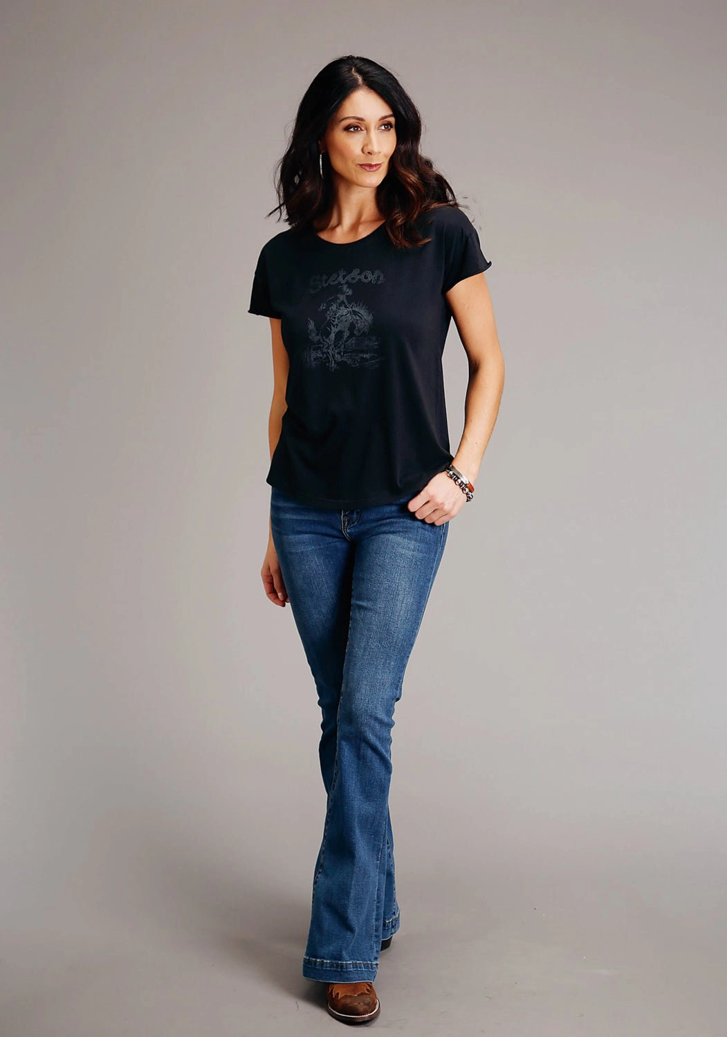 Stetson Womens Black 100% Cotton Bronc Rider S/S T-Shirt Minimalist Design