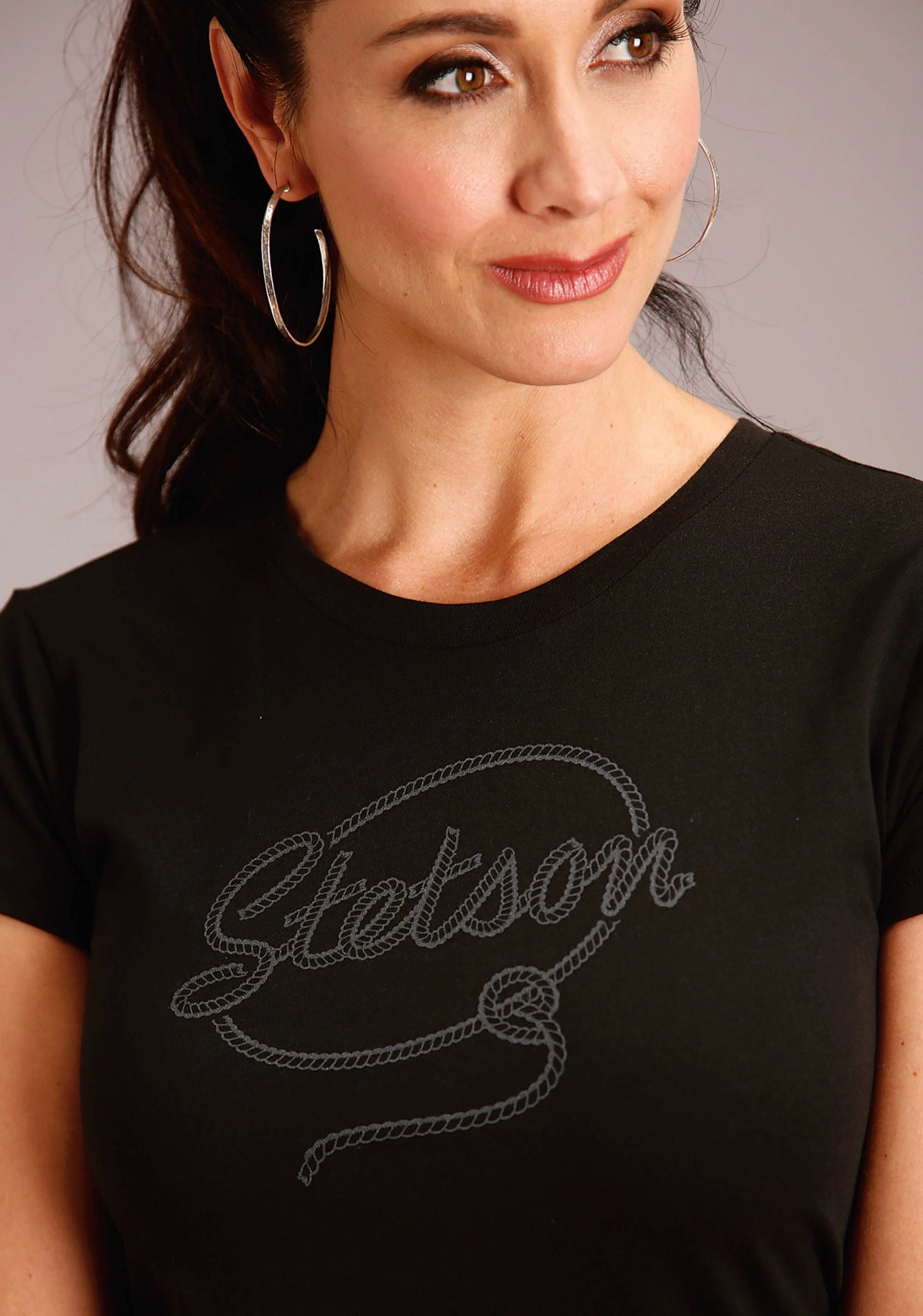 Statement Maker Sweat-Absorbing Stetson Womens Black 100% Cotton Rope Letters S/S T-Shirt