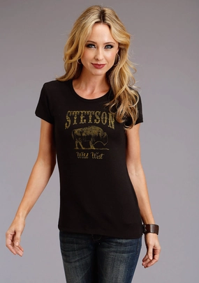 Stetson Womens Black Cotton Blend Bison Wild West S/S T-Shirt checkered pattern Trendsetting