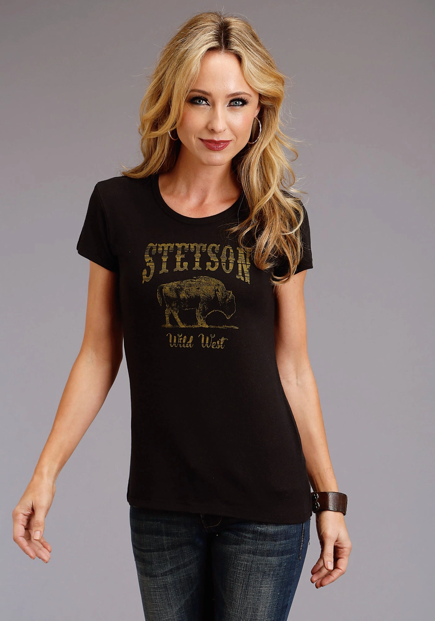 Stetson Womens Black Cotton Blend Bison Wild West S/S T-Shirt Multi Pocket Design Teen Fashion