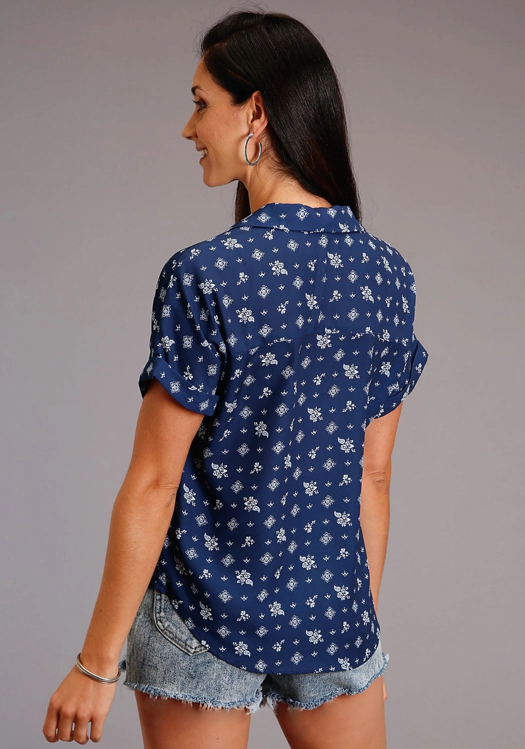 All-Weather Ready Stetson Womens Blue Rayon/Nylon Vintage Ditzy S/S Blouse