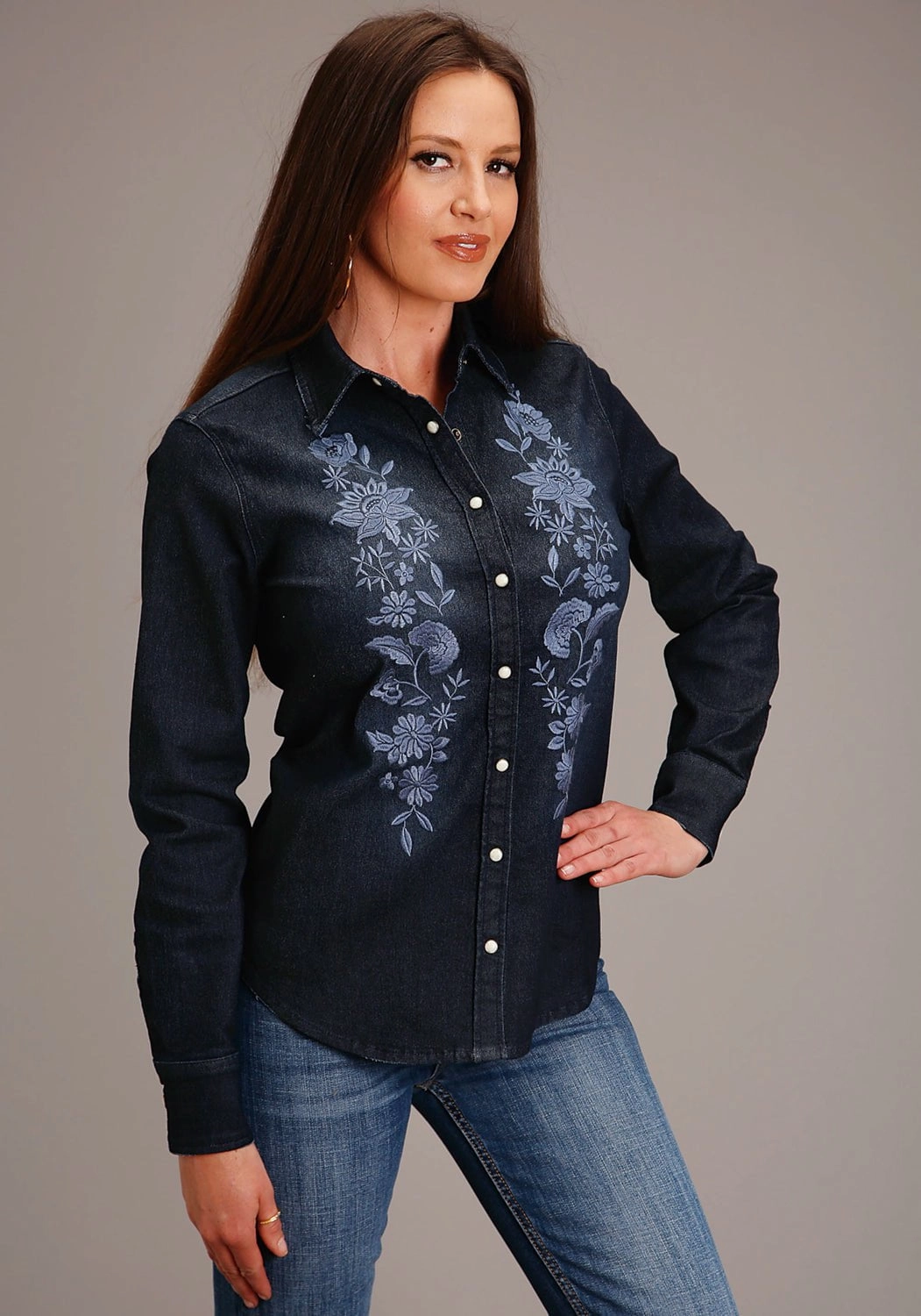 Stetson Womens Boyfriend Fit Blue 76% Cotton/23% Polyester/1% Spandex L/S Blouse All-day Comfort