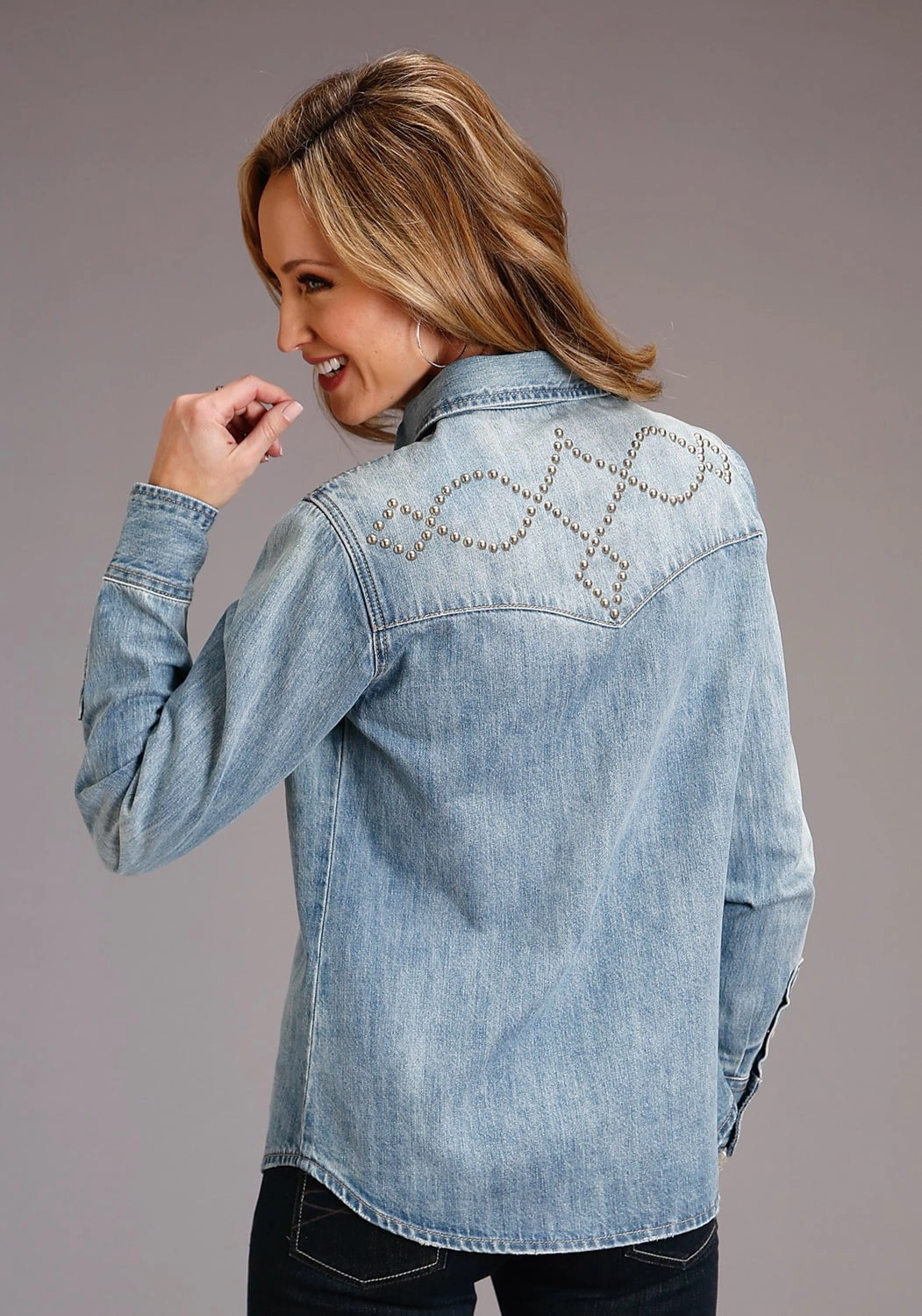 Stetson Womens Boyfriend Fit Stud Blue 100% Cotton L/S Shirt Vintage Style Year-Round Wear